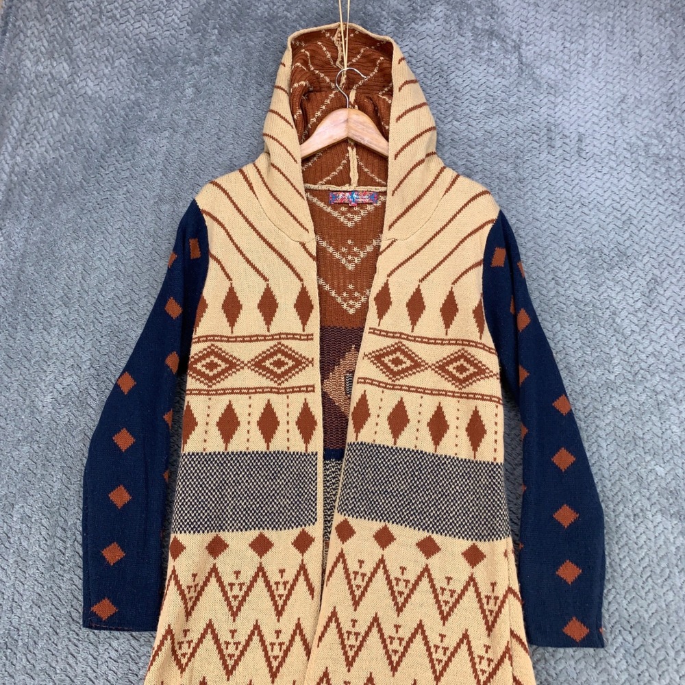 Selfie Couture Trendology Womens M/L Southwestern Hooded Fringe Duster Cardigan